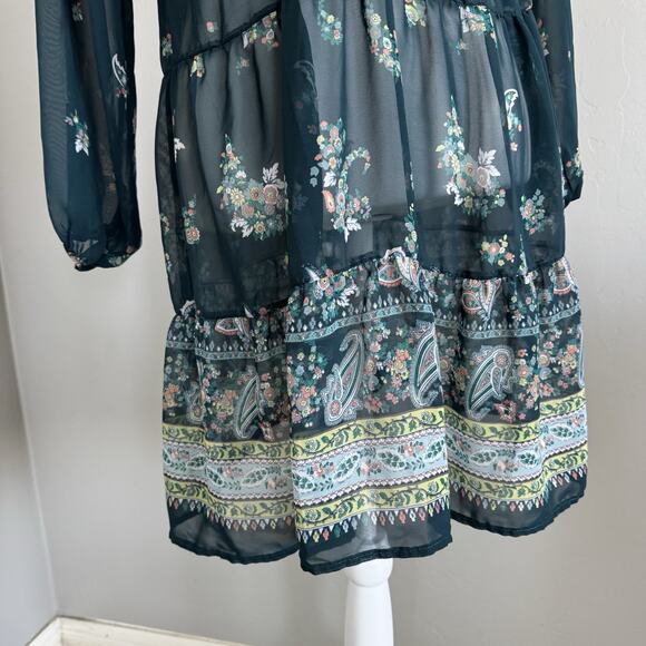 Boho Sheer Floral Tiered Mini Dress Deep V-Neck Long Sleeve XS/S Green Paisley - Picture 4 of 7